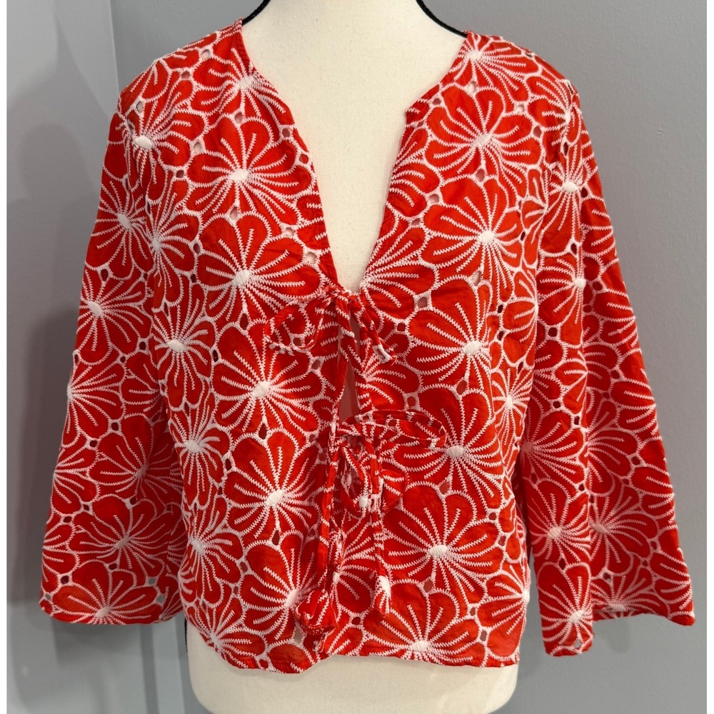 Marc New York Womens Large Floral Eyelet Tie Front Cardigan Cottagecore Resort